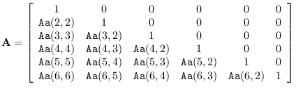 $\displaystyle {\bf A} = \left[ \begin{array}{cccccc}
1&0&0&0&0&0\\
{\tt Aa}(2,...
...6)&{\tt Aa}(6,5)&{\tt Aa}(6,4)&{\tt Aa}(6,3)&{\tt Aa}(6,2)&1
\end{array}\right]$